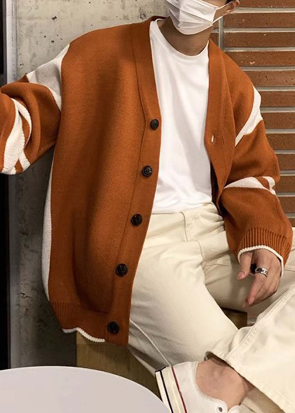 Loose Orange Button Cozy Patchwork Knit Mens Coats Spring