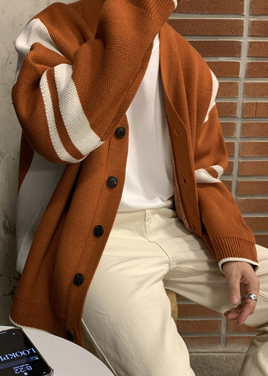 Loose Orange Button Cozy Patchwork Knit Mens Coats Spring