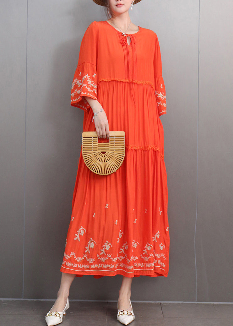 Loose Orange Embroidered Lace Up Pockets Cotton Dresses Half Sleeve