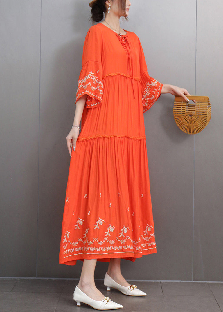 Loose Orange Embroidered Lace Up Pockets Cotton Dresses Half Sleeve