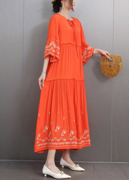 Loose Orange Embroidered Lace Up Pockets Cotton Dresses Half Sleeve
