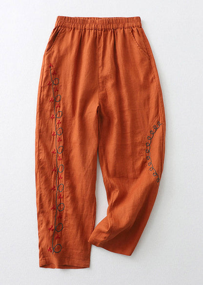 Pantalones Harem de Algodón con Cintura Elástica y Bordado Naranja Sueltos para Verano