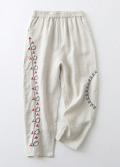 Pantalones Harem de Algodón con Cintura Elástica y Bordado Naranja Sueltos para Verano