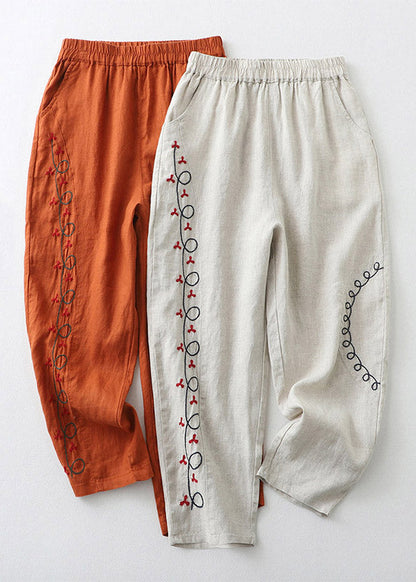 Pantalones Harem de Algodón con Cintura Elástica y Bordado Naranja Sueltos para Verano