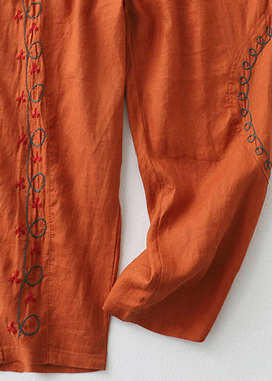 Pantalones Harem de Algodón con Cintura Elástica y Bordado Naranja Sueltos para Verano
