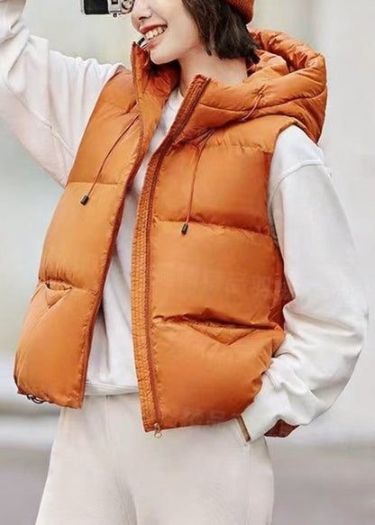 Chaleco holgado de plumón de pato, sin mangas, con capucha, cremallera y cordón ajustable, color naranja