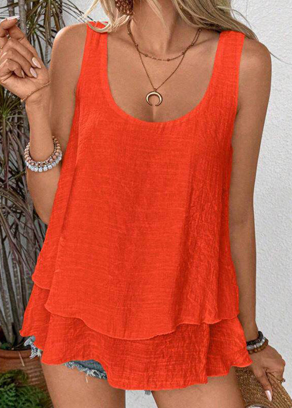 Loose Orange O-Neck Patchwork Solid Tops Sleeveless