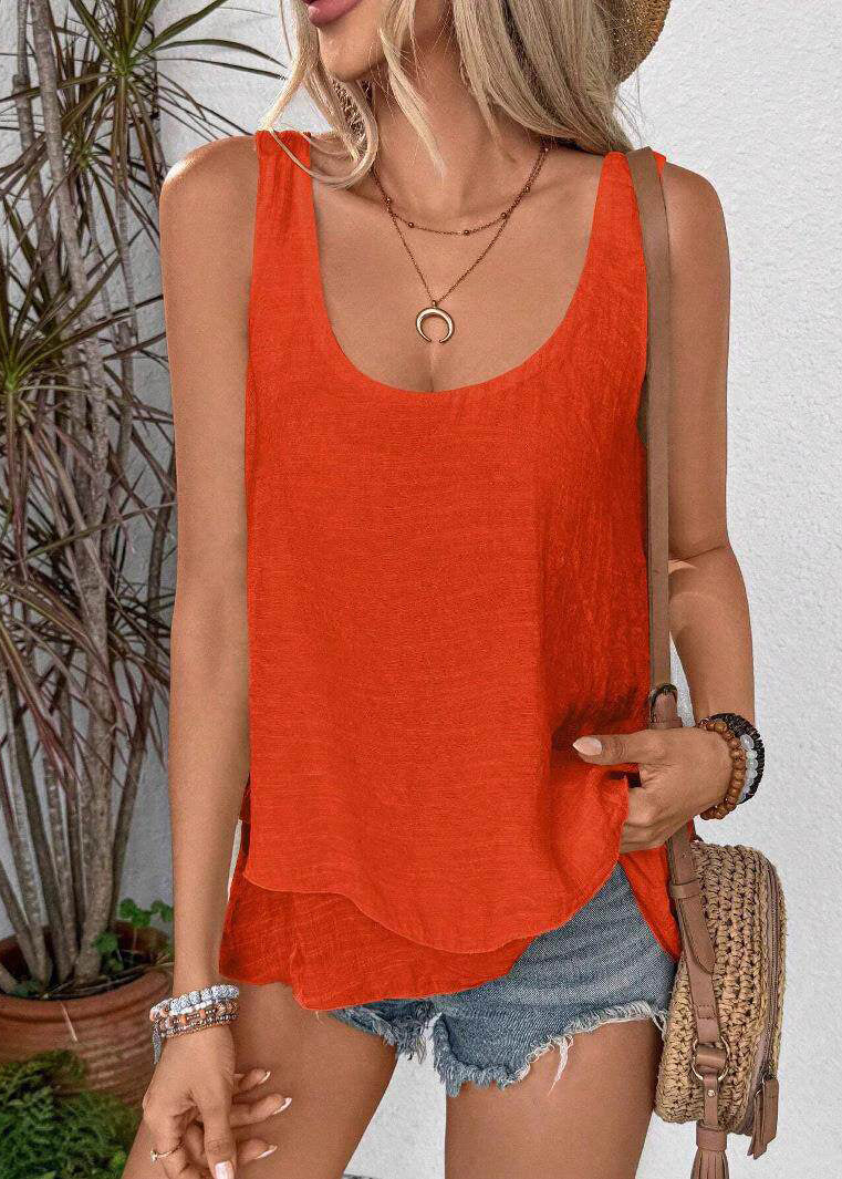 Loose Orange O-Neck Patchwork Solid Tops Sleeveless
