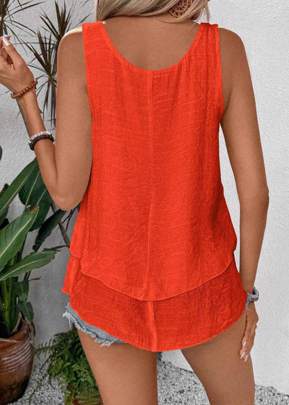 Loose Orange O-Neck Patchwork Solid Tops Sleeveless