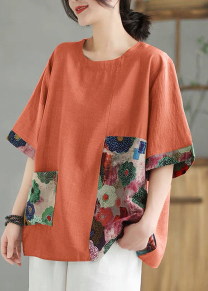Loose Orange O-Neck Print Tops Short Sleeve