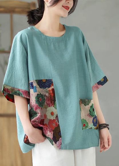 Loose Orange O-Neck Print Tops Short Sleeve