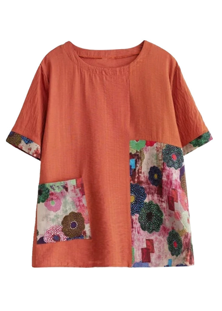 Loose Orange O-Neck Print Tops Short Sleeve