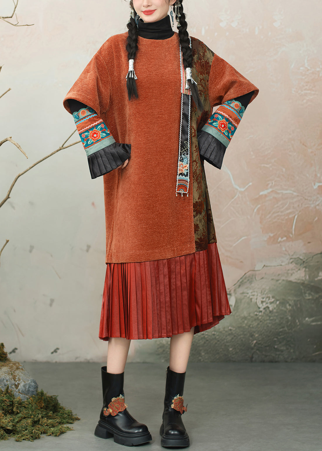 Loose Orange O Neck Wrinkled Patchwork Chenille Dresses Summer