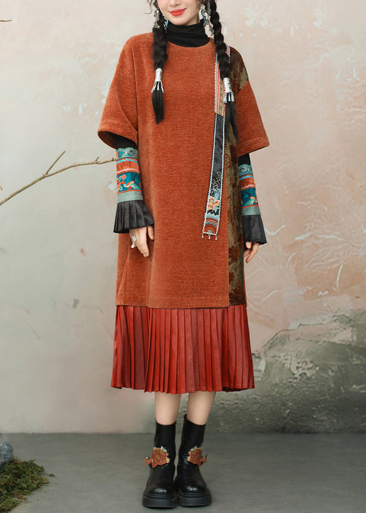 Loose Orange O Neck Wrinkled Patchwork Chenille Dresses Summer