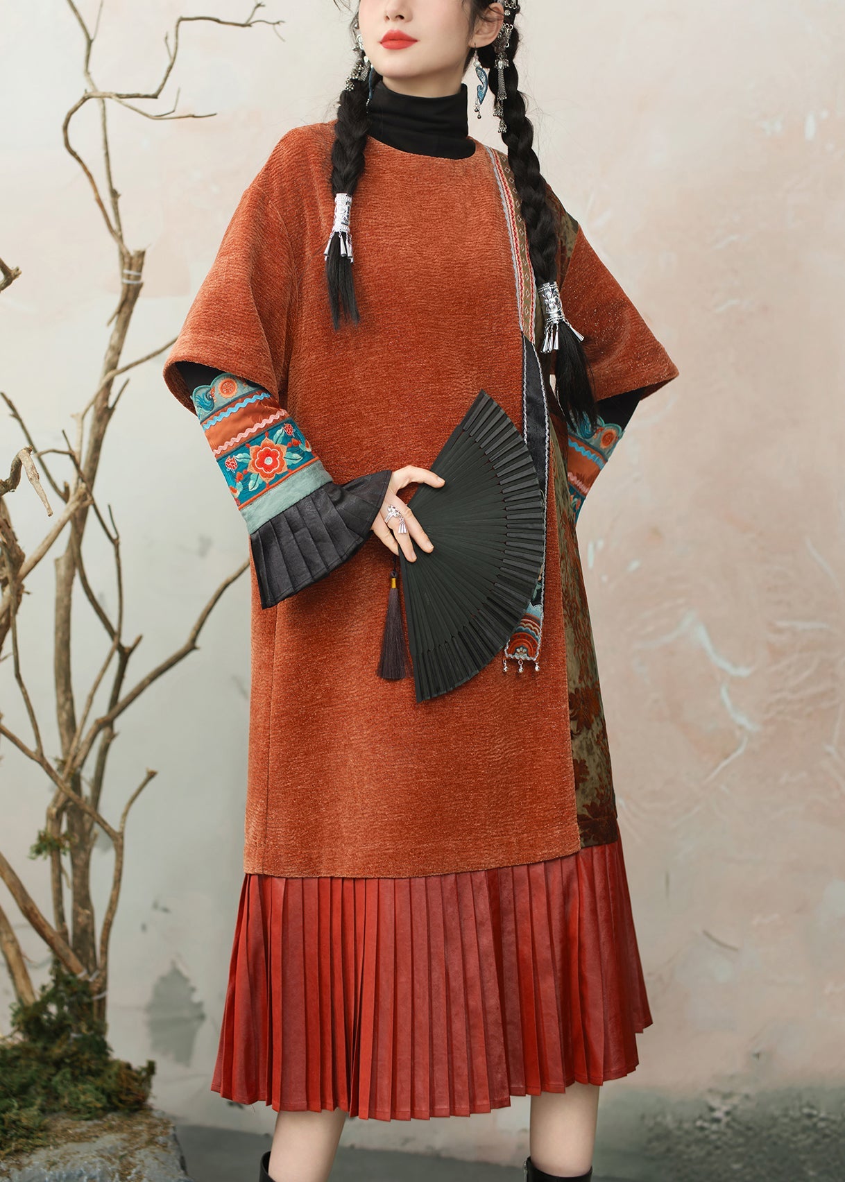 Loose Orange O Neck Wrinkled Patchwork Chenille Dresses Summer