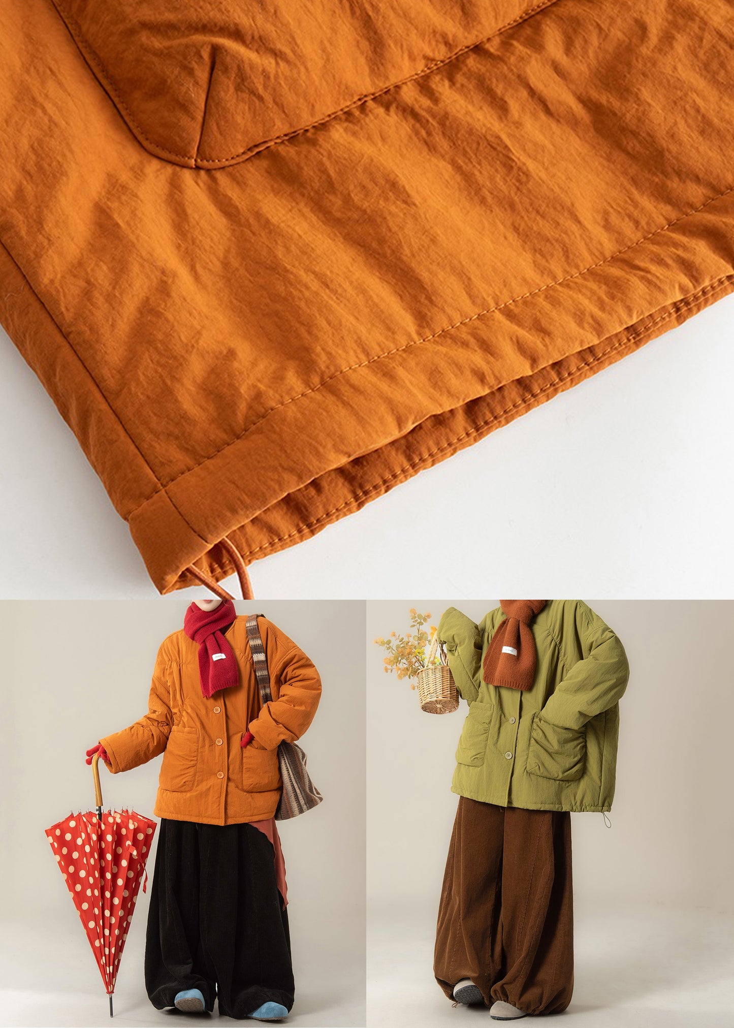 Weit geschnittener orangefarbener Parka mit Taschen und schwarze Hose, zweiteiliges Set aus Baumwollfutter für den Winter