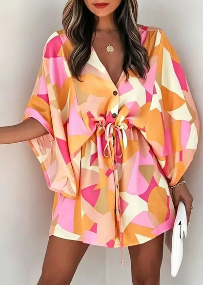 Loose Orange Print Tie Waist Cotton Mini Dress Batwing Sleeve