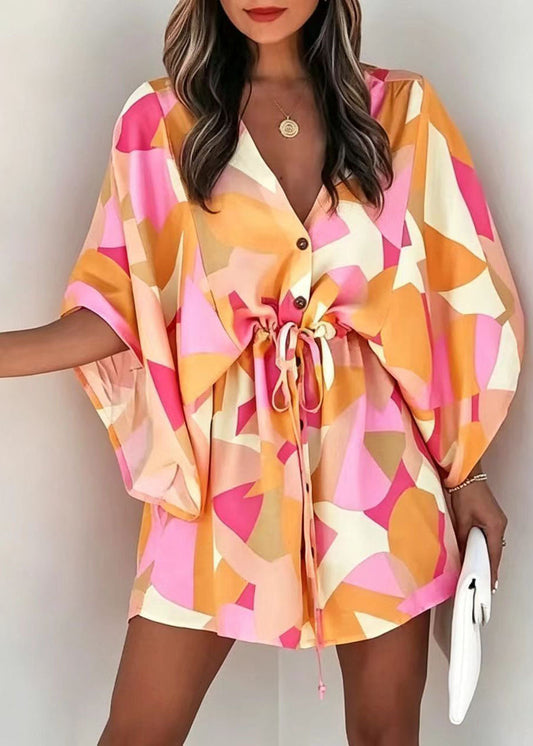 Loose Orange Print Tie Waist Cotton Mini Dress Batwing Sleeve