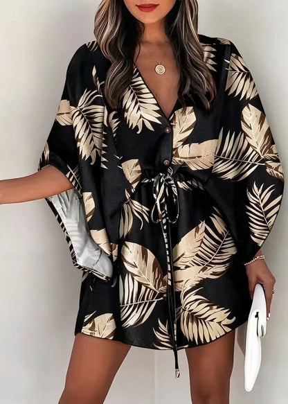 Loose Orange Print Tie Waist Cotton Mini Dress Batwing Sleeve
