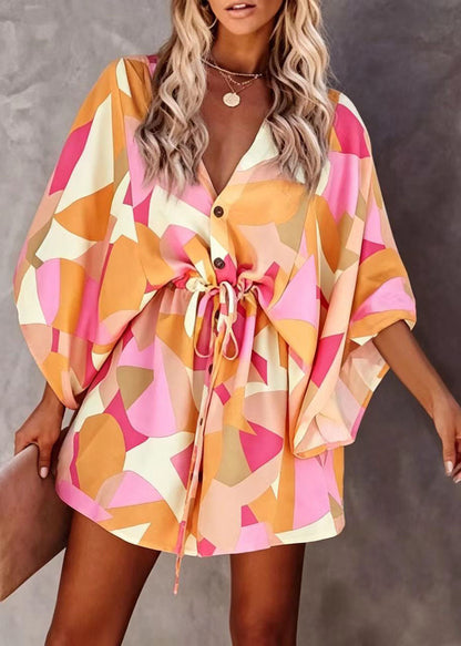 Loose Orange Print Tie Waist Cotton Mini Dress Batwing Sleeve