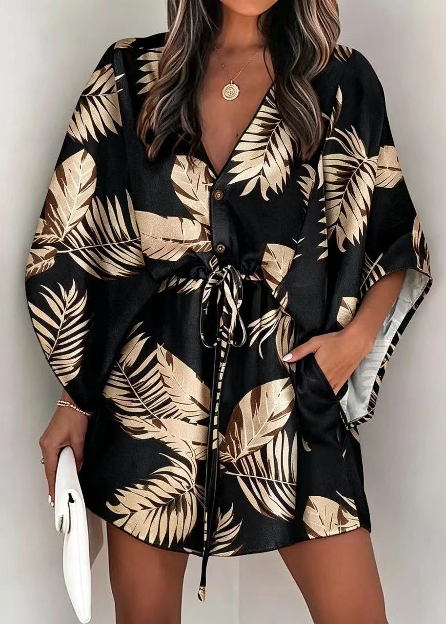 Loose Orange Print Tie Waist Cotton Mini Dress Batwing Sleeve