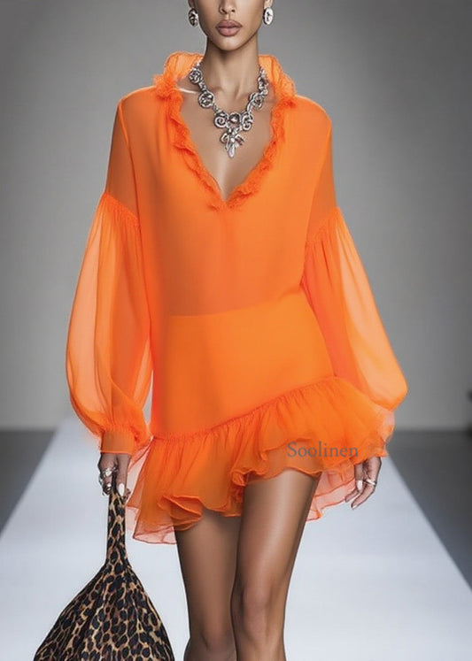 Loose Orange Ruffled Patchwork Chiffon Mid Dresses Spring