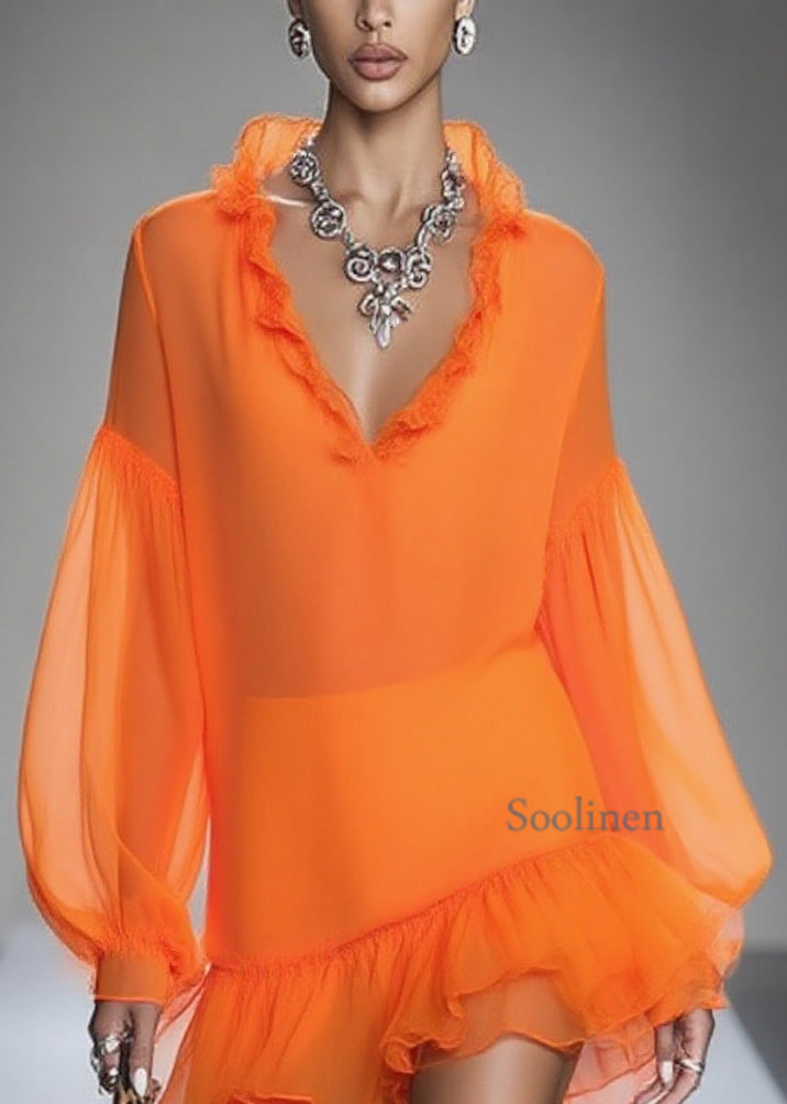 Loose Orange Ruffled Patchwork Chiffon Mid Dresses Spring