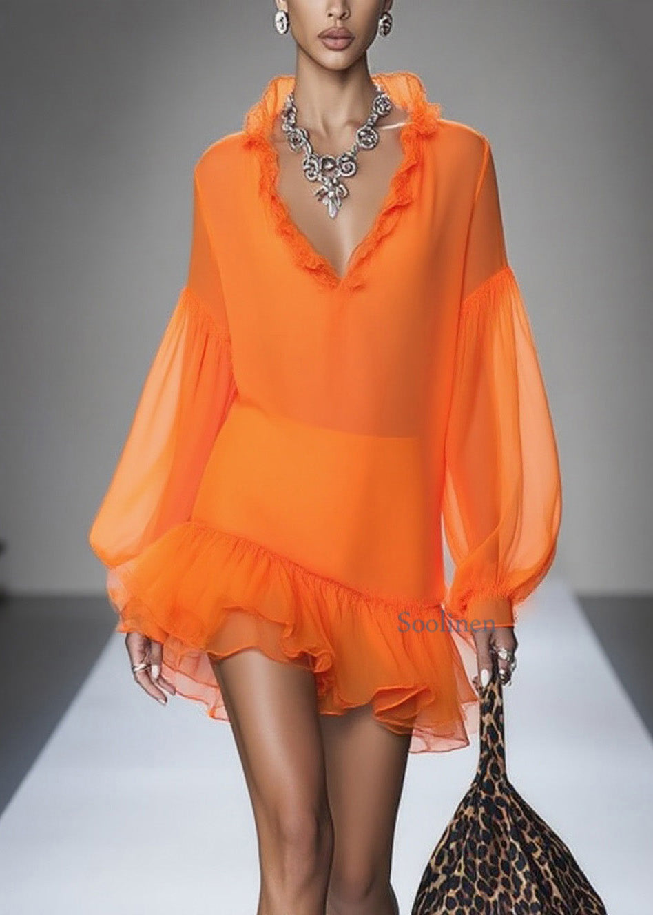 Loose Orange Ruffled Patchwork Chiffon Mid Dresses Spring