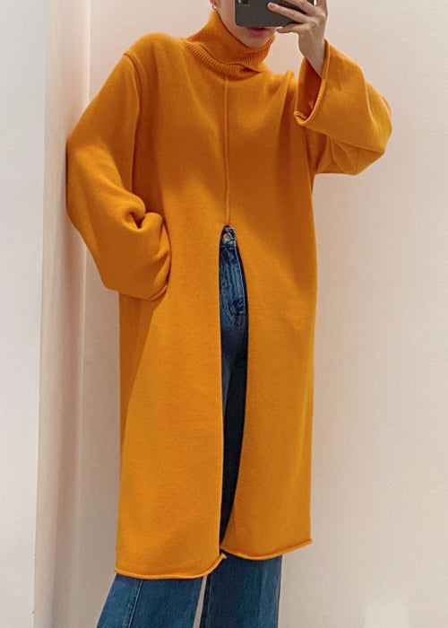 Vestido suéter de punto holgado de cuello alto naranja con abertura delantera para invierno
