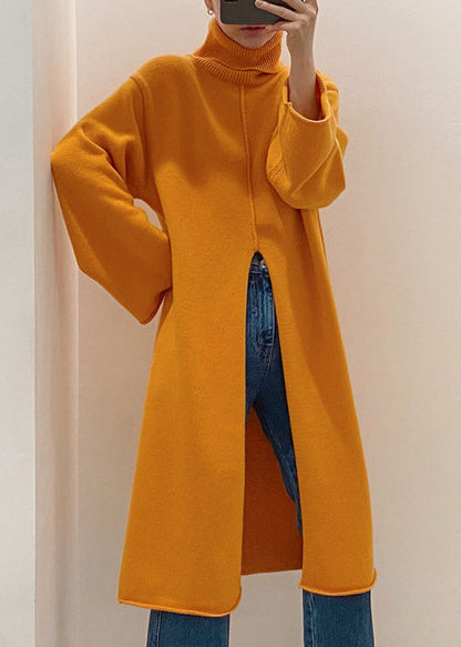 Vestido suéter de punto holgado de cuello alto naranja con abertura delantera para invierno