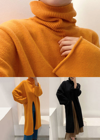 Vestido suéter de punto holgado de cuello alto naranja con abertura delantera para invierno