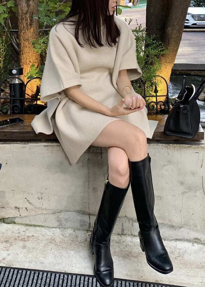 Suéteres de punto holgados de cuello alto naranja con abertura lateral y acogedores para primavera