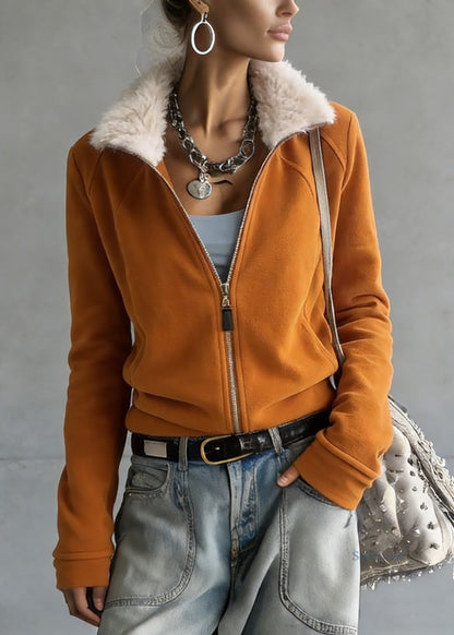 Loose Orange Zippered Fluffy Patchwork Fleece Sweatshirt Spring