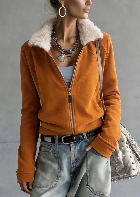Loose Orange Zippered Fluffy Patchwork Fleece Sweatshirt Spring