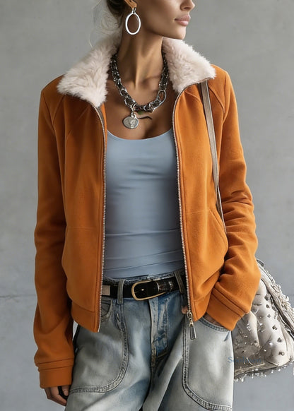 Loose Orange Zippered Fluffy Patchwork Fleece Sweatshirt Spring