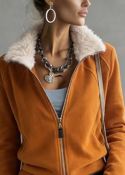 Loose Orange Zippered Fluffy Patchwork Fleece Sweatshirt Spring