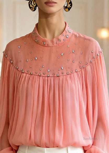 Loose Orange Zircon Wrinkled Tulle Blouses Top Lantern Sleeve