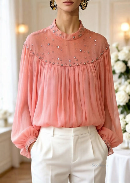 Loose Orange Zircon Wrinkled Tulle Blouses Top Lantern Sleeve