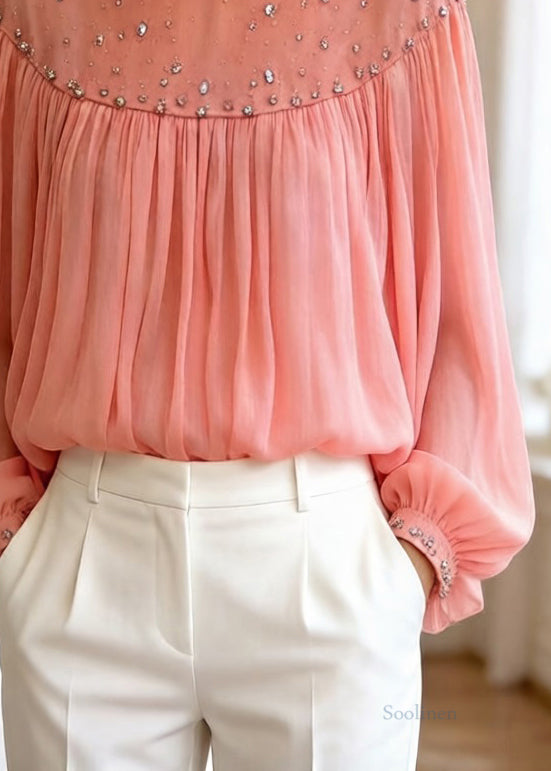 Loose Orange Zircon Wrinkled Tulle Blouses Top Lantern Sleeve