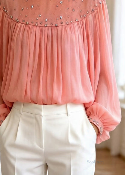 Loose Orange Zircon Wrinkled Tulle Blouses Top Lantern Sleeve