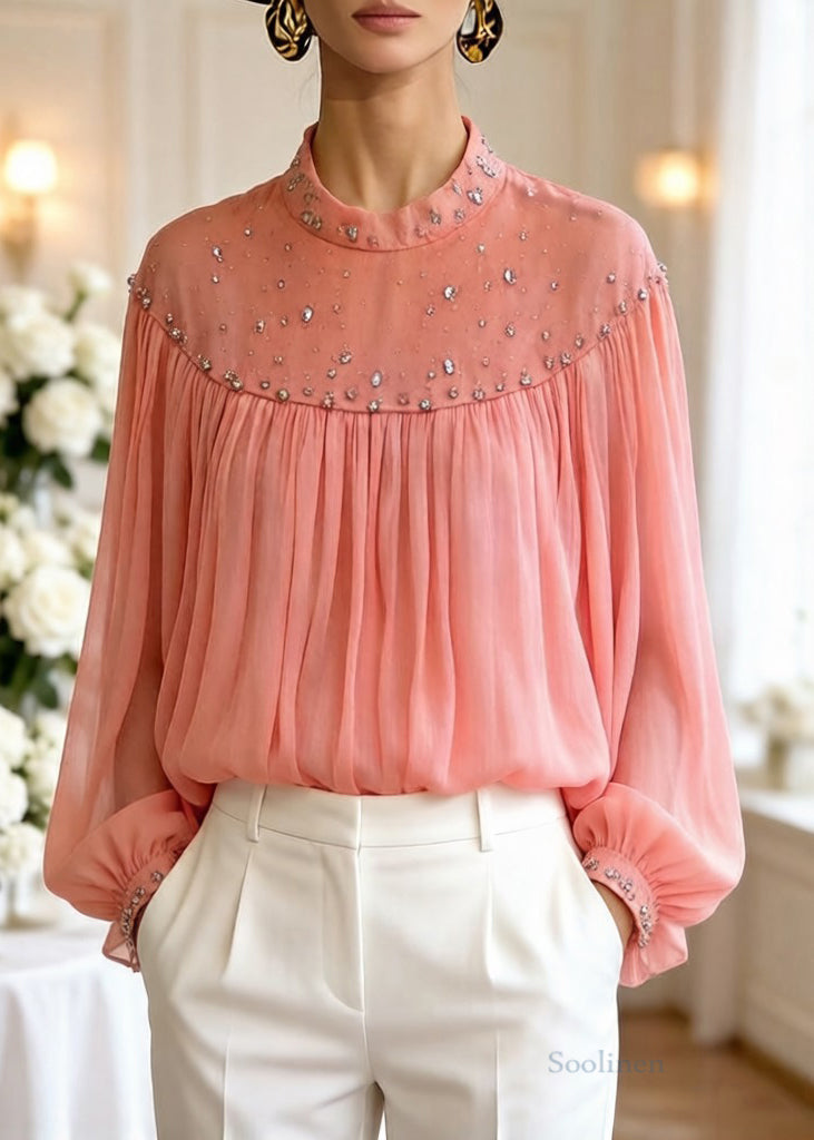 Loose Orange Zircon Wrinkled Tulle Blouses Top Lantern Sleeve