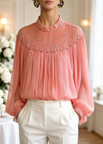 Loose Orange Zircon Wrinkled Tulle Blouses Top Lantern Sleeve
