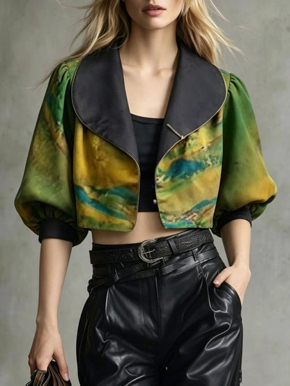 Loose Peter Pan Collar Tie Dye Satin Coat Fall