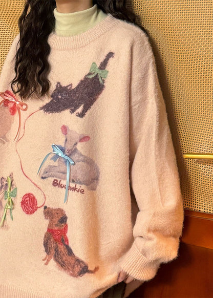 Loose Pink Animal Print Bow Mink Hair Knitted Sweater Tops Spring