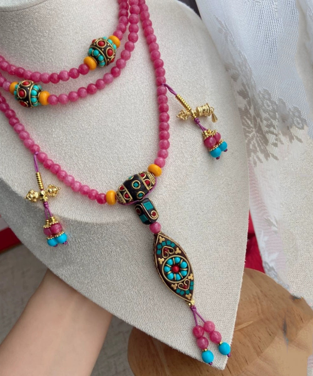 Collar con colgante de borla y cuentas de esmalte cloisonné con gemas rosas sueltas