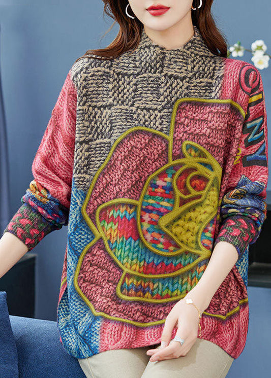 Lockerer rosa hochgeschlossener Wollstrickpullover mit Print für den Winter