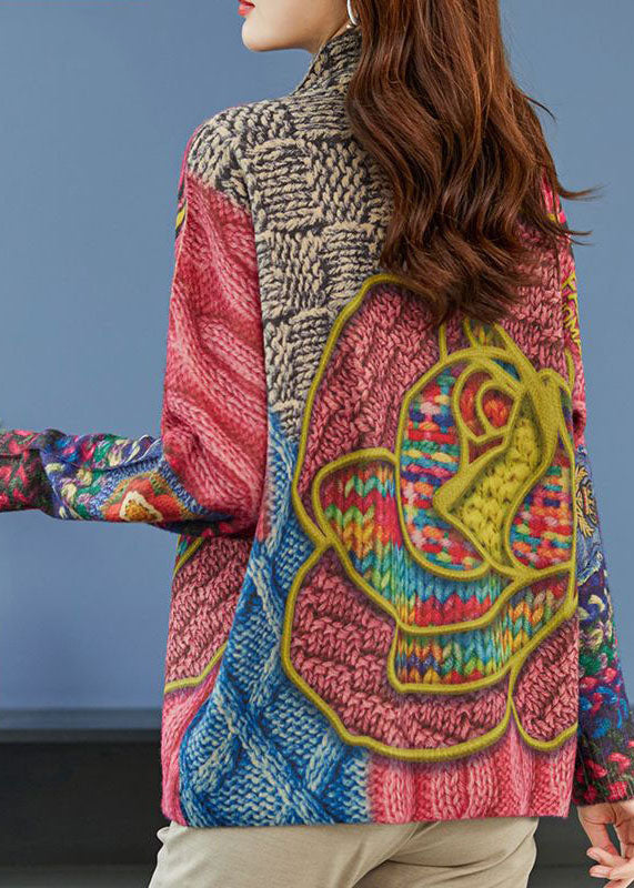 Lockerer rosa hochgeschlossener Wollstrickpullover mit Print für den Winter