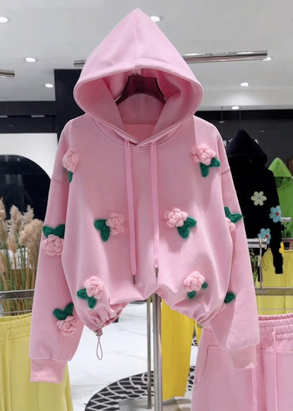 Sudadera holgada de algodón con capucha y cordón floral rosa para primavera