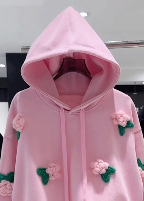 Sudadera holgada de algodón con capucha y cordón floral rosa para primavera