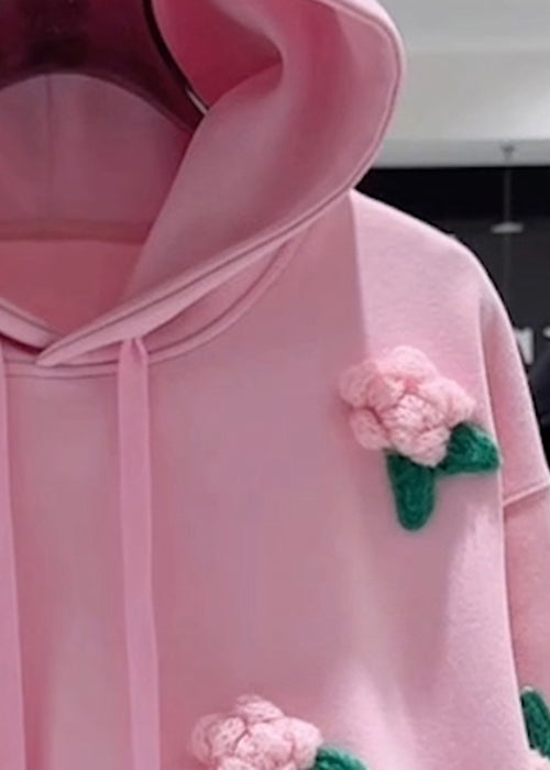 Sudadera holgada de algodón con capucha y cordón floral rosa para primavera